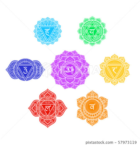 Seven human chakras symbols set, colorful icons, 57973119
