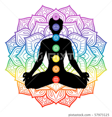 Seven chakras on meditating yogi man silhouette, 57973125