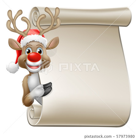 Santa Hat Reindeer Christmas Scroll Sign Cartoon 57973980