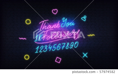 Followers Thank You neon.Social media template followers milestone. Congratulation card with numbers Followers Thank You neon.Social media template followers milestone. Congratulation card with numbers 57974582