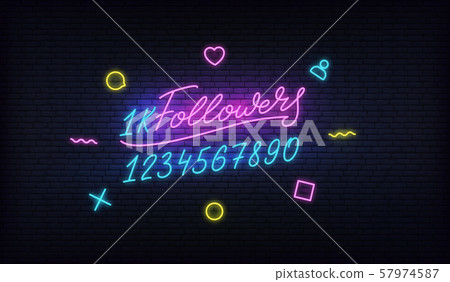 Followers neon.Social media template followers milestone. Congratulation card with lettering numbers Followers neon.Social media template followers milestone. Congratulation card with lettering numbers 57974587