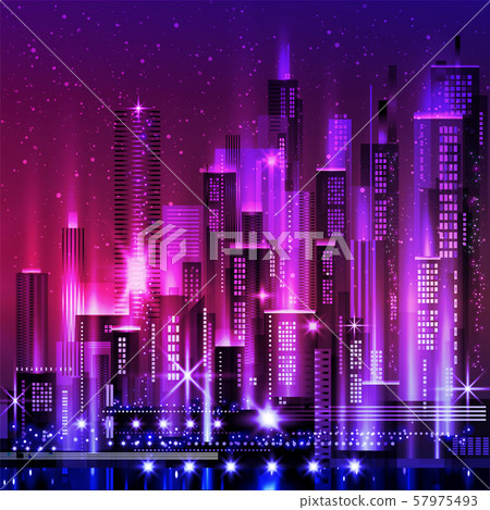 Vector night city illustration with neon glow and - Stock Illustration ...