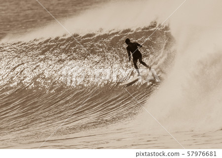 Surfer Surfing Rides Cold Wave Sepia Tone 57976681