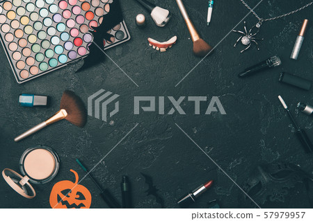 Photo of shadows, brushes, halloween spider, ghost on empty black background Photo of shadows, brushes, halloween spider, ghost on empty black background 57979957