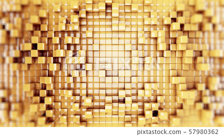 Wall of gold cubes moving in a random pattern. .3d rendering 57980362