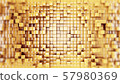 Wall of gold cubes moving in a random pattern. .3d rendering 57980369