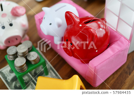 Group of piggy bank sit on sofa in house doll background Group of piggy bank sit on sofa in house doll background 57984435