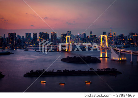 Tokyo skyline with Tokyo Tower and Rainbow Bridge at night in Japan 57984669