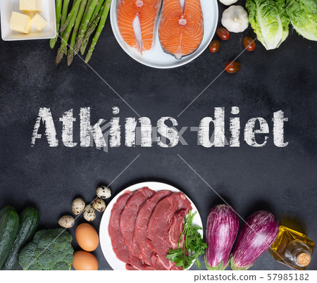 Atkins Diet food ingredients on balck chalkboard, Atkins Diet food ingredients on balck chalkboard, 57985182