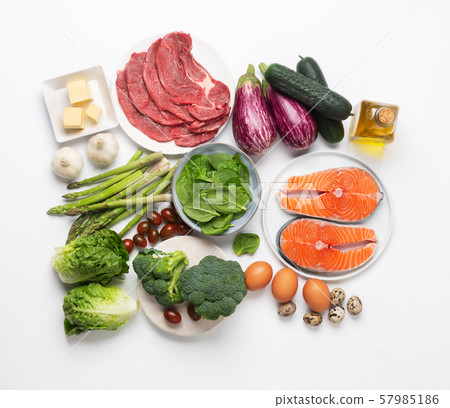 Atkins Diet food ingredients isolated on white, Atkins Diet food ingredients isolated on white, 57985186