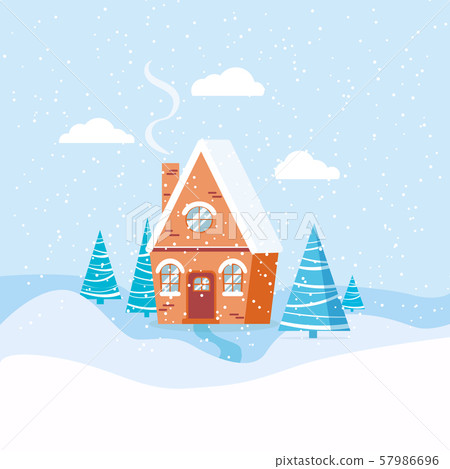 Winter landscape with country house, spruces, clouds, snow in cartoon flat style. 57986696