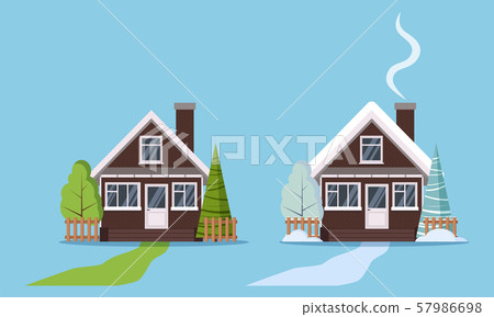 Set of isolated country farm brick winter and summer houses with plastic windows, with fences 57986698