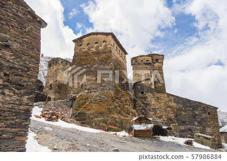 Traditional ancient Svan Towers in Ushguli village, Svaneti, Caucasus, Georgia 57986884