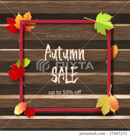Autumn sale text vector banner design with colorful autumn season leaves fall in wooden background for seasonal promotion discount marketing. Vector illustration. Autumn sale text vector banner design with colorful autumn season leaves fall in wooden background for seasonal promotion discount marketing. Vector illustration. 57987273