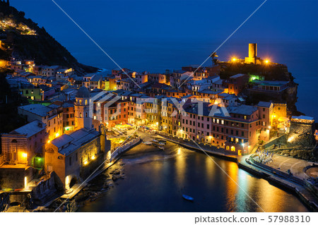 Vernazza village illuminated in the night, Cinque Terre, Liguria, Italy Vernazza village illuminated in the night, Cinque Terre, Liguria, Italy 57988310