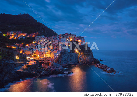 Manarola village n the night, Cinque Terre, Liguria, Italy 57988322