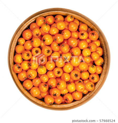 Firethorn fruits in wooden bowl 57988524