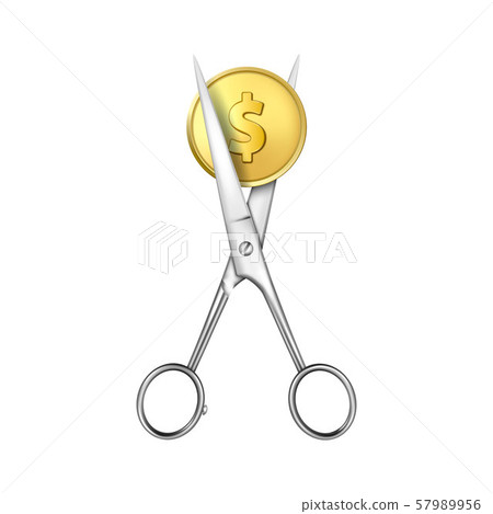 Vector 3d Realistic Golden Metal Dollar with Scissors Сutting a Сoin Icon Closeup Isolated on 57989956