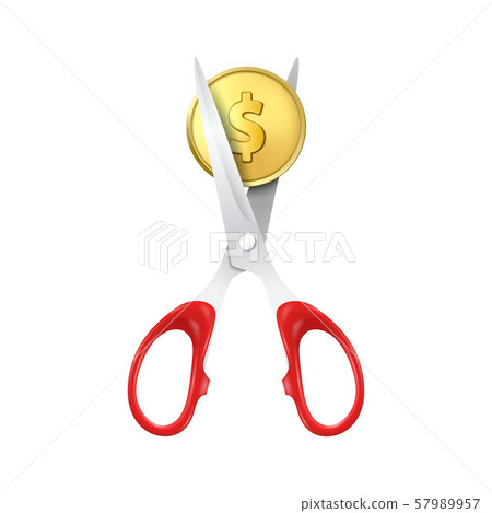 Vector 3d Realistic Golden Metal Dollar with Scissors Сutting a Сoin Icon Closeup Isolated on 57989957