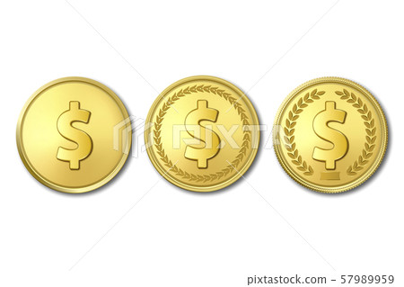 Vector 3d Realistic Golden Metal Dollar Coin Icon Set Closeup Isolated on White Background. Design 57989959