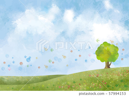 Meadow: Hill Earth Green Landscape Blue Sky Sky Nature Background Hand Painted Blue Sky Sky Oki Tree 57994153