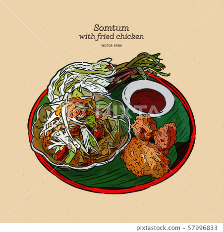 Somtum With Fried Chicken Hand Draw Sketch Stock Illustration