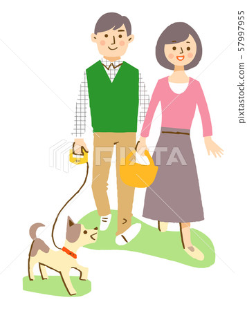 Couple taking a walk with dog 57997955