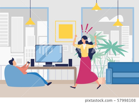 Angry Wife Shouting on Husband Playing Video Game 57998108