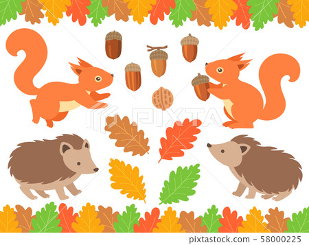 秋天的樹林，松鼠，刺猬，橡子的插圖集 58000225