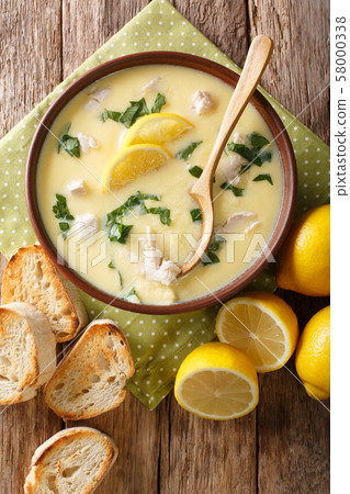 Tasty avgolemono lemon soup with chicken and rice 58000338