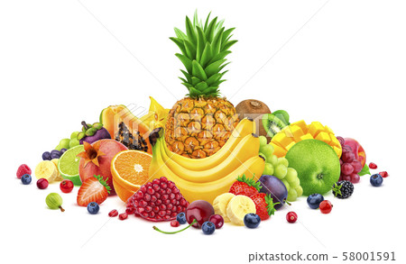 Heap of different whole and sliced tropical fruits isolated on white background with clipping path Heap of different whole and sliced tropical fruits isolated on white background with clipping path 58001591