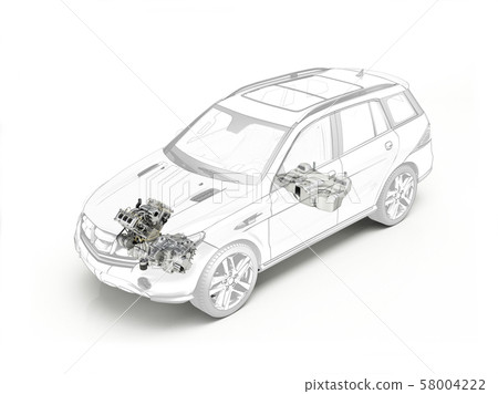 Suv cutaway drawing showing engine and fuel tank. 58004222