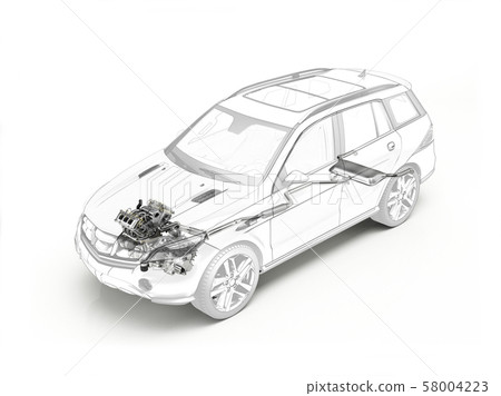 Suv cutaway showing engine and exhaust system. Suv cutaway showing engine and exhaust system. 58004223