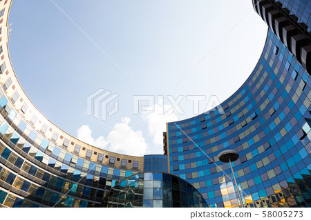 Minsk, Belarus - July, 2019. Bottom view of hotel and business centre Victoria Olimp Minsk, Belarus - July, 2019. Bottom view of hotel and business centre Victoria Olimp 58005273