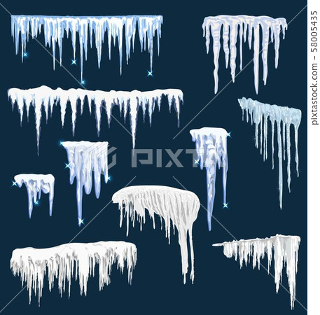 Realistic snow icicles. Icicle ice with snowcap on top. Winter snowing borders for christmas cards design. Frost neve snowy weather frames, icy frosted frozen sign vector isolated icons set 58005435