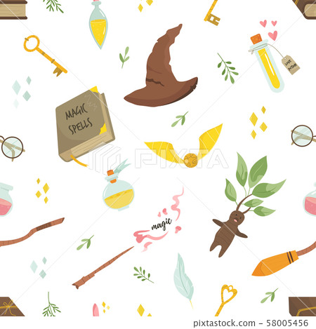 Seamless pattern with magic items and tools. 58005456