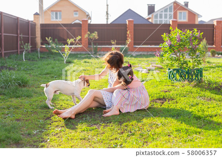 Positive cheerful woman playing with her beloved dog Jack Russell Terrier in the yard of her country Positive cheerful woman playing with her beloved dog Jack Russell Terrier in the yard of her country 58006357