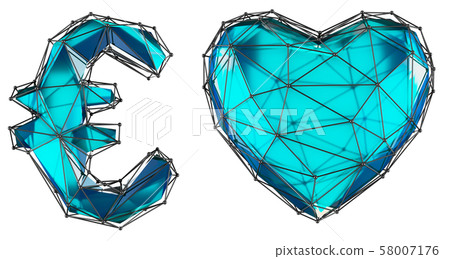 Symbol collection euro and heart made of 3d render blue color. Collection of low polly style symbol 58007176