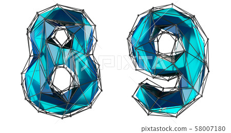 Number set 8, 9 made of realistic 3d render blue color. Collection of low polly style symbol 58007180