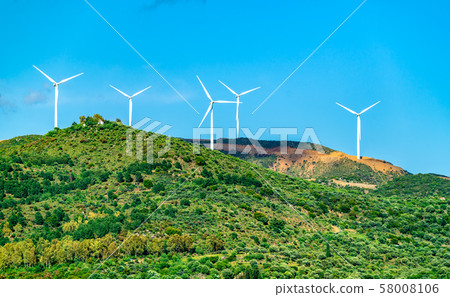 Wind turbines at the Gulf of Patras in Greece 58008106
