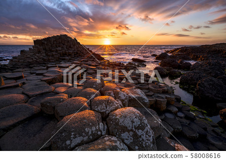 sunset over basalt columns Giant's Causeway, County Antrim, Northern Ireland 58008616