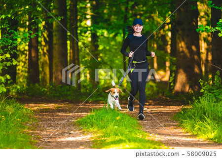 Girl walking with beagle dog outdoors in nature on Girl walking with beagle dog outdoors in nature on 58009025