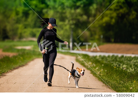 Sport girl is running with a dog (Beagle) on the Sport girl is running with a dog (Beagle) on the 58009042