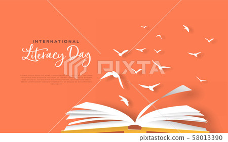 Literacy day papercut card open book birds flying 58013390