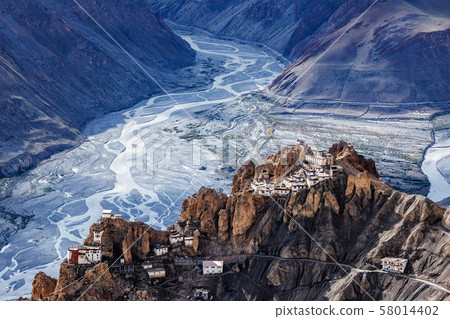 Dhankar monastry perched on a cliff in Himalayas, India 58014402