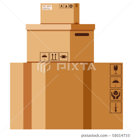 Vector flat design cartoon style illustration cardboard boxes stack with packaging sings isolated on 58014733