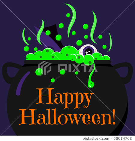 Cute cartoon Happy Halloween card with black witches cauldron with bubbling poison potion, eye, bat 58014768