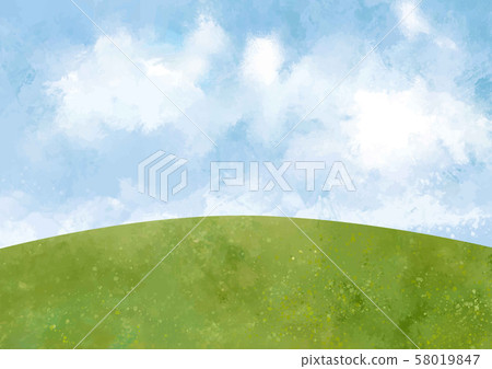 草原：山丘，土地，綠色風景，藍天，自然背景，水彩，手繪，藍天，天空 58019847