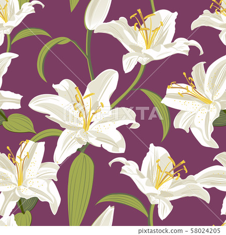 Lily flower seamless pattern on purple background, Lily flower seamless pattern on purple background, 58024205