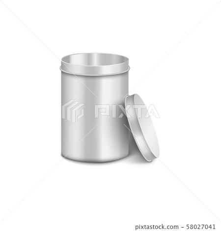 Silver metal cylinder jar with open lid - realistic isolated mockup 58027041